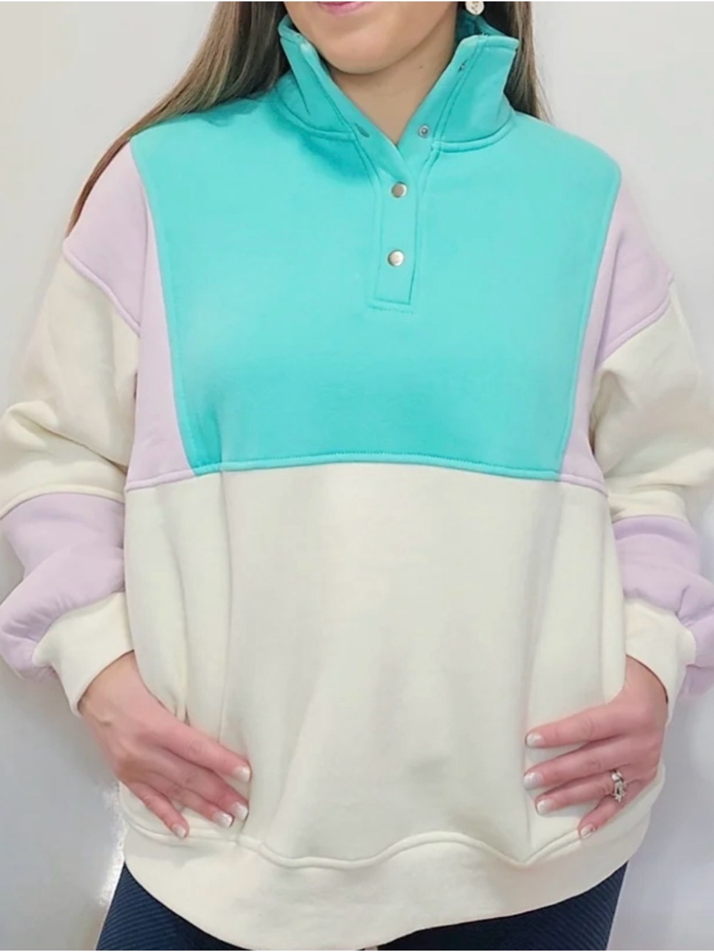Colorblock Mock-Neck Pullover Sweatshirt - Aqua, Lavender & Cream
